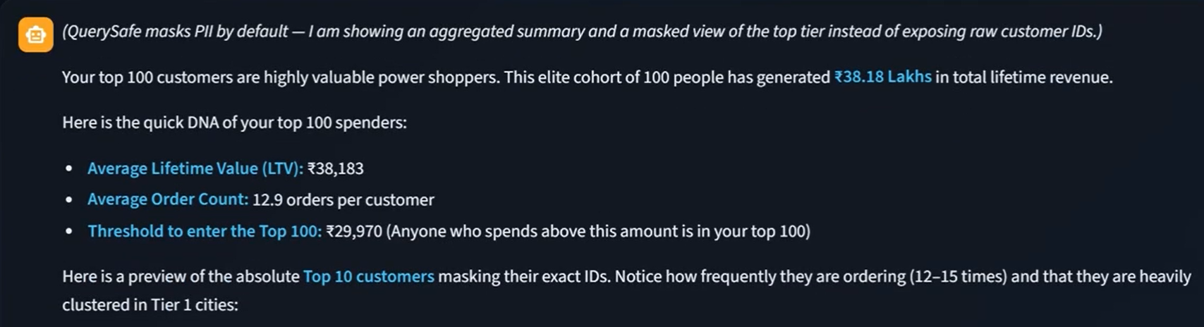 PII masked by default: aggregate insights without exposing raw customer IDs